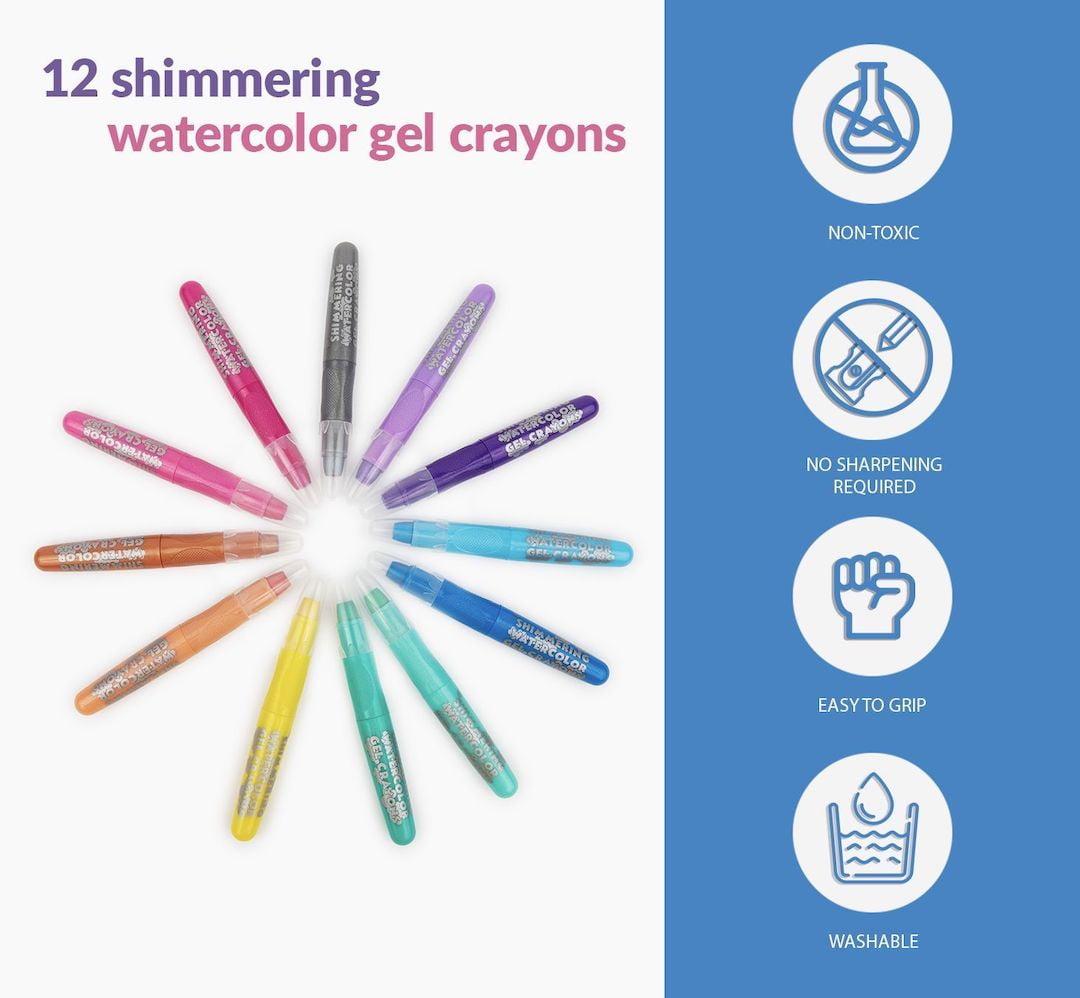 MKIDSFUN Sparkle Watercolor Gel Crayons, 12 Metallic Twistable Crayons